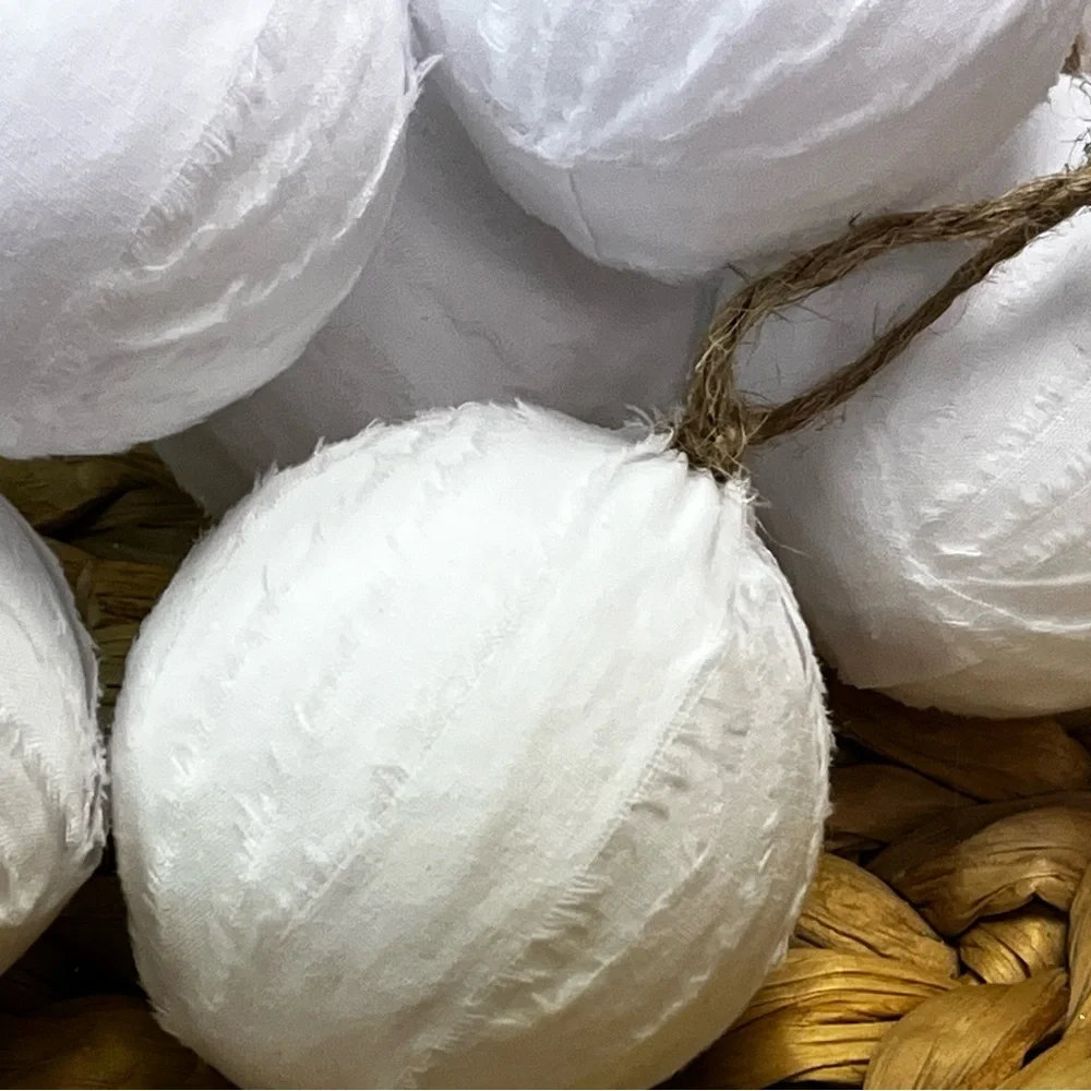10 Snow White snowballs rag balls Christmas tree ornaments farmhouse bowl filler